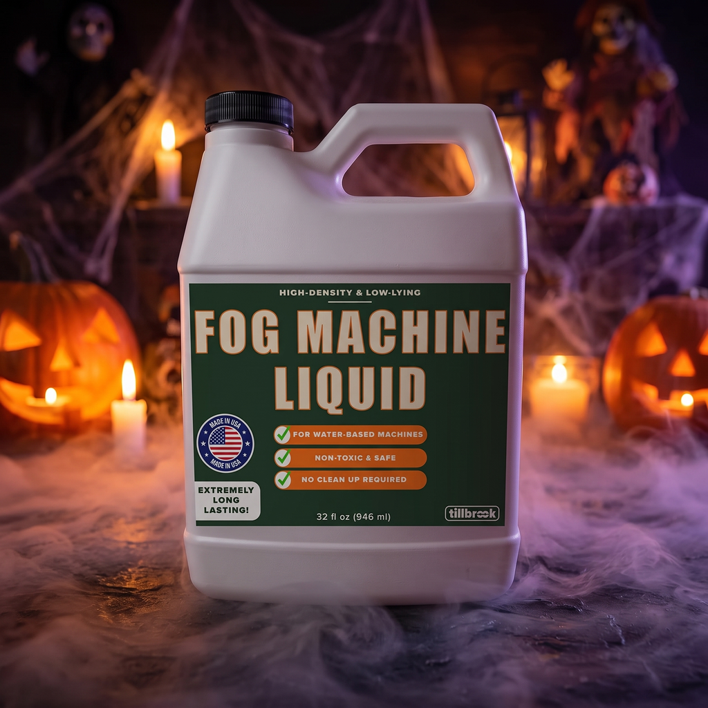 Fog machine liquid creating low-lying fog among Halloween decorations at night