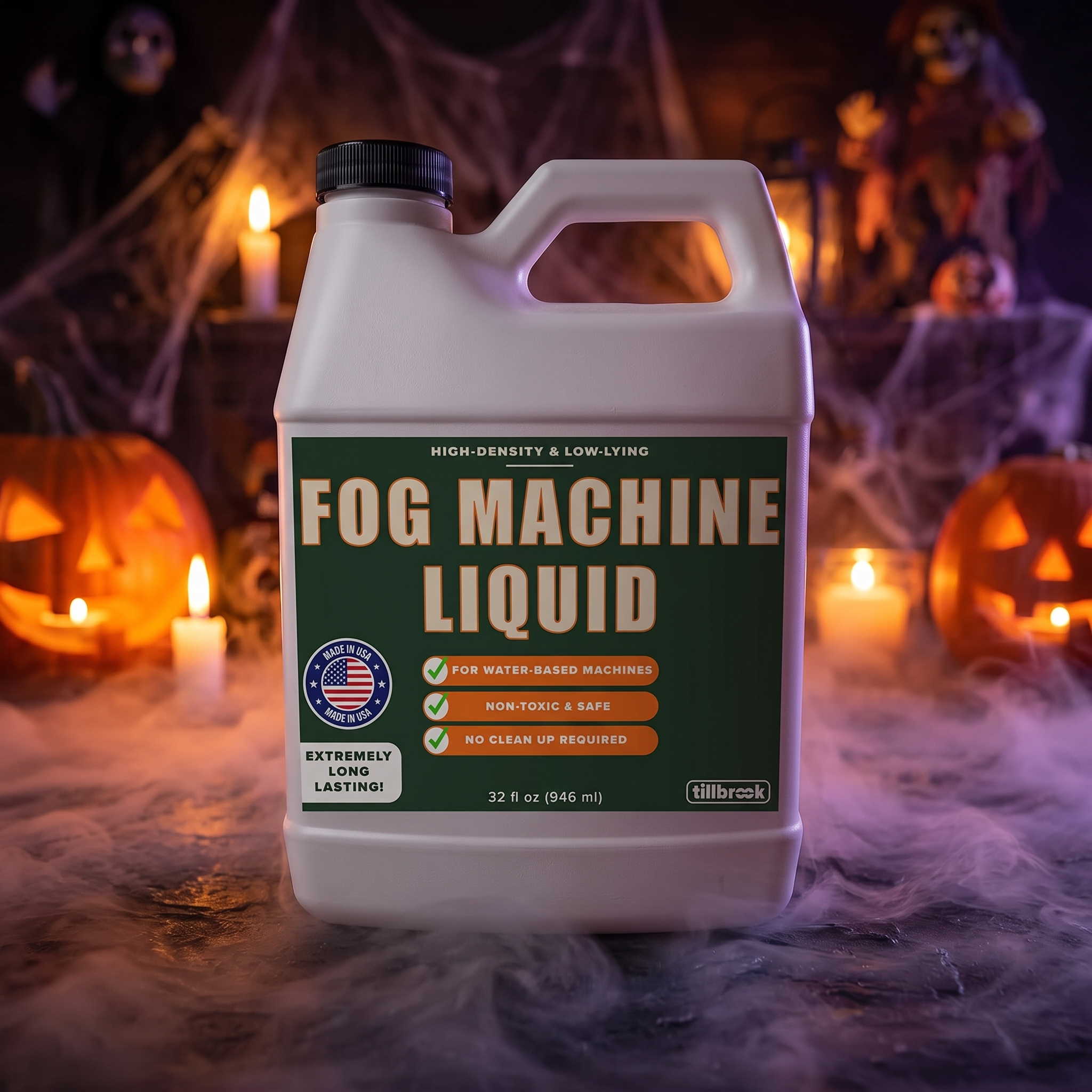 Fog machine liquid creating low-lying fog among Halloween decorations at night