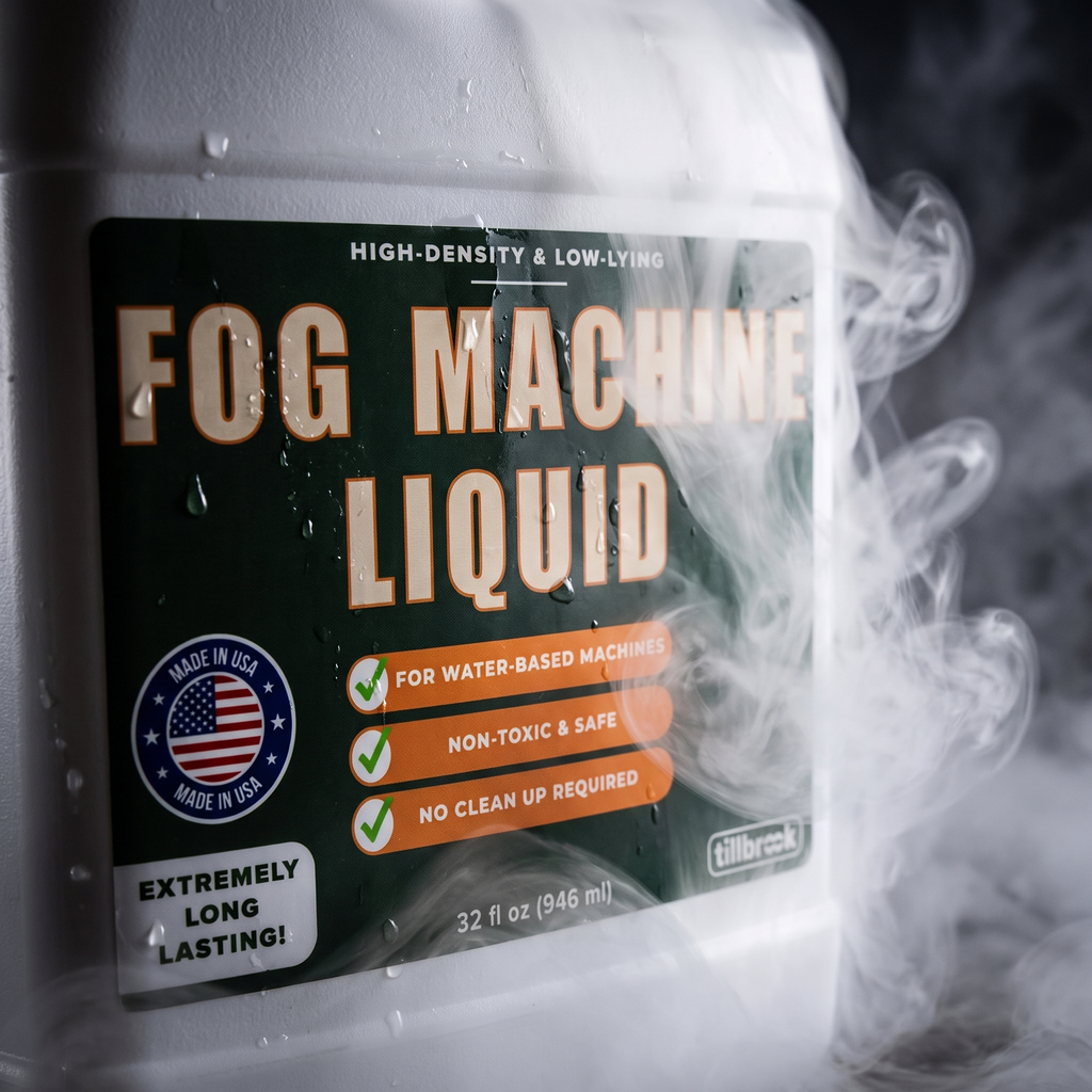 Close up of the 32 oz fog machine liquid bottle label with swirling fog
