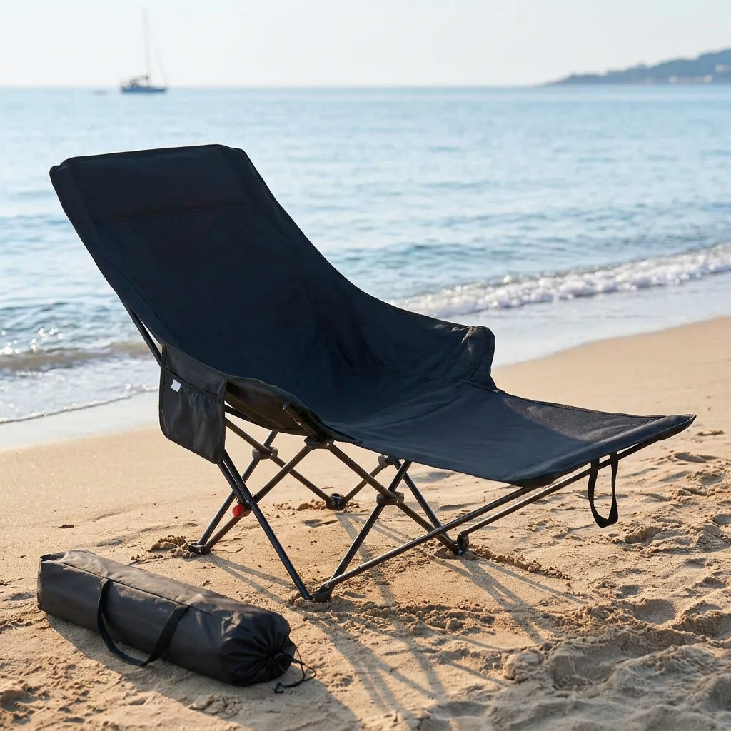 Foldable beach chair set up on golden sand by the shoreline