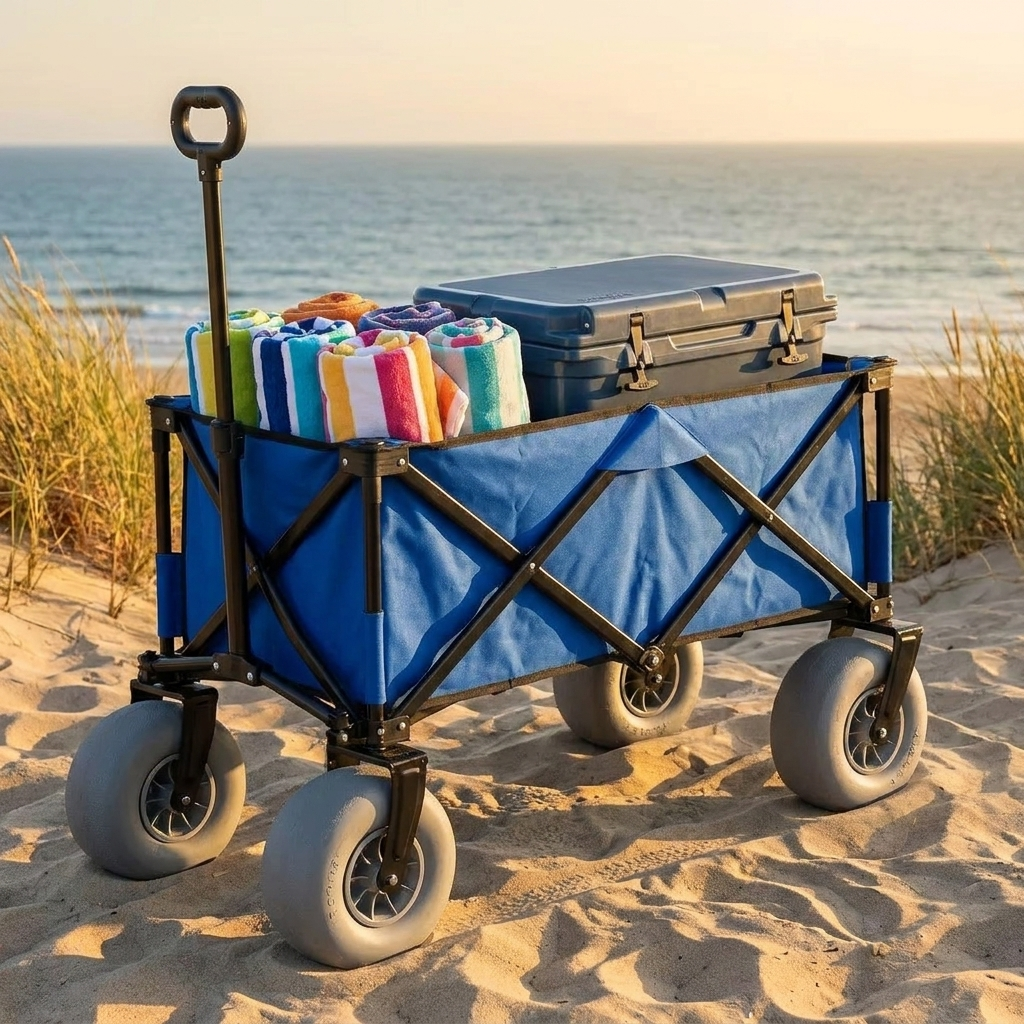 Blue folding beach wagon with wide all-terrain tires loaded on sand dunes