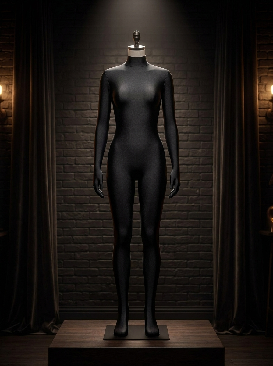 Zentai costume suit displayed on a dress form