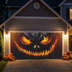 Dark spooky Halloween banner draped over a garage door at night