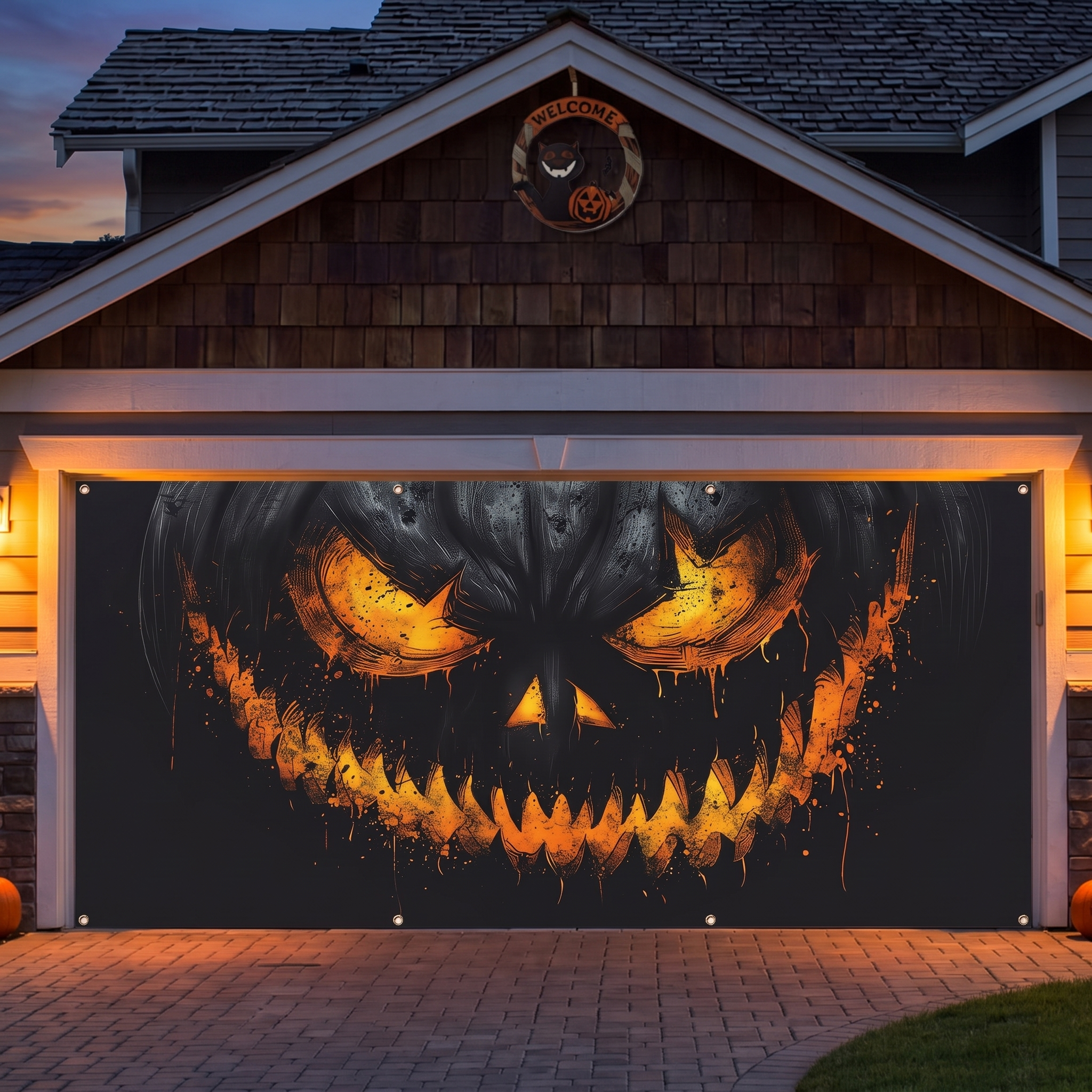 Halloween garage banner covering a garage door with the house visible