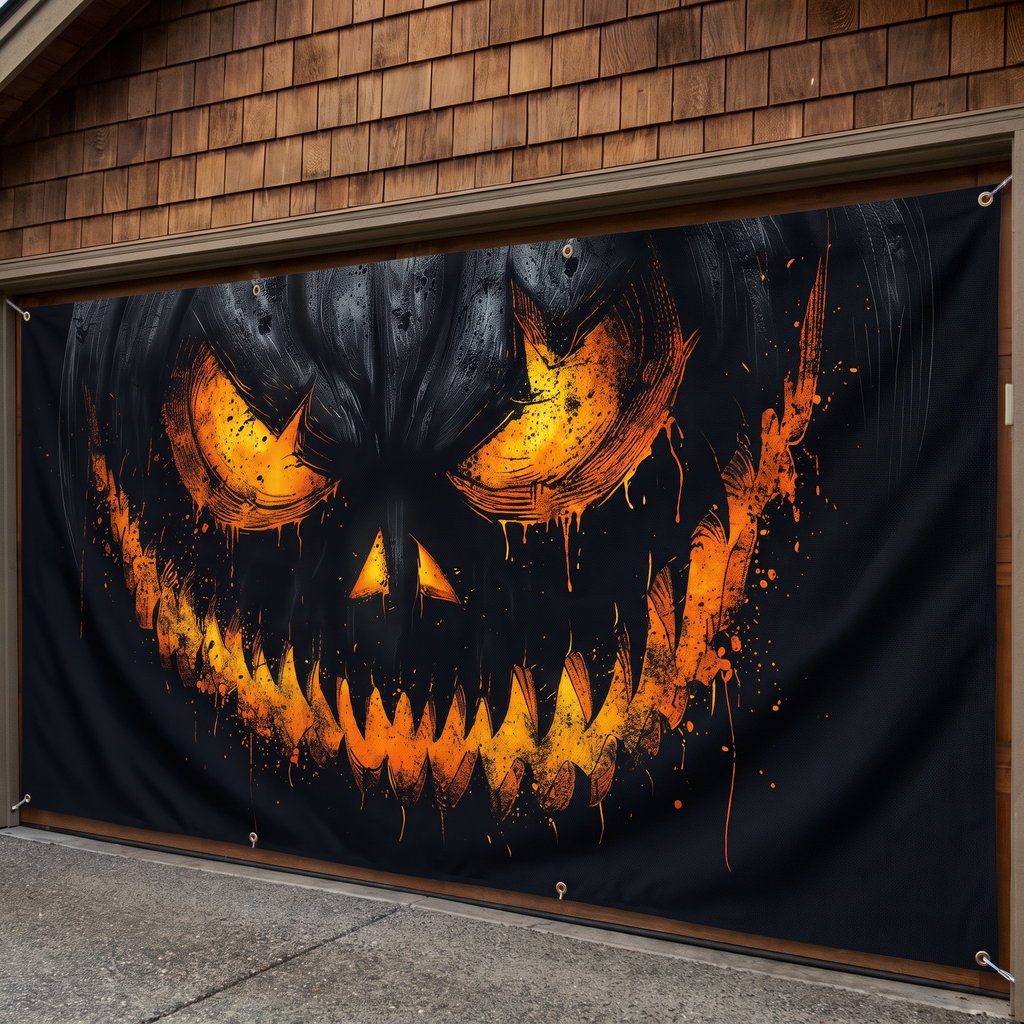 Close-up of the dark spooky print on the garage banner fabric