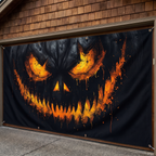 Close-up of the dark spooky print on the garage banner fabric