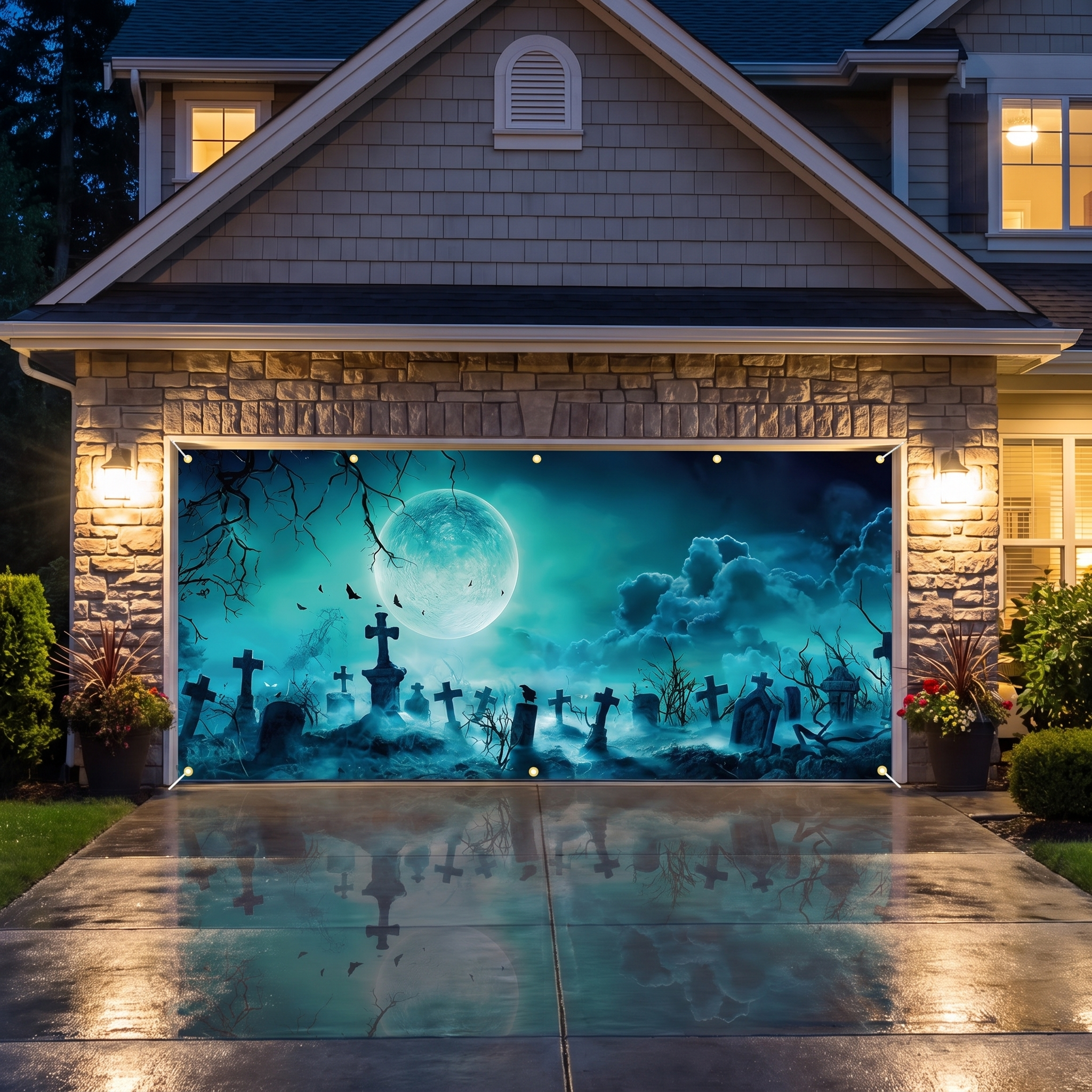 Graveyard banner covering a garage door at night