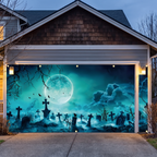 Graveyard garage banner seen with the whole house at dusk