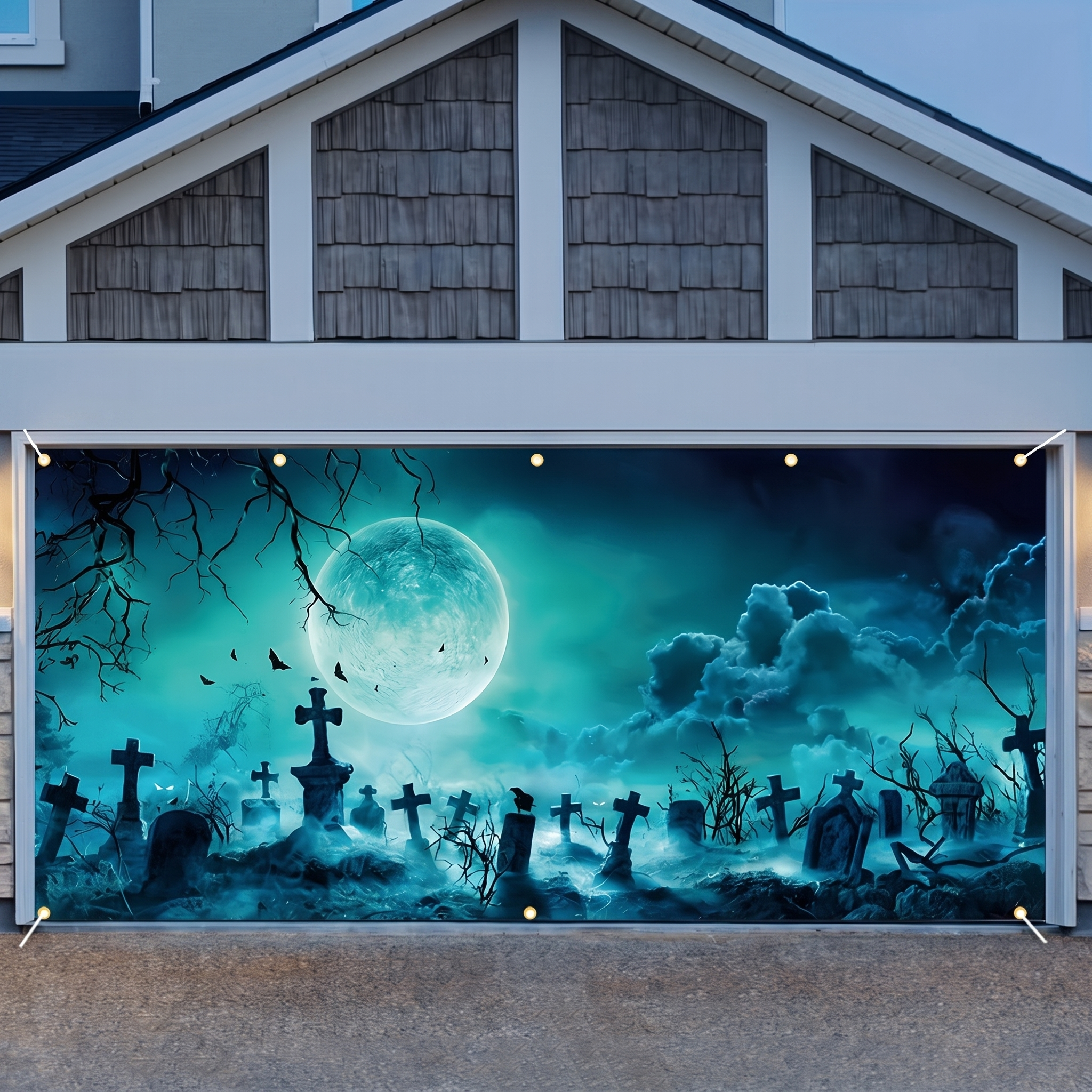 Close-up of the graveyard and bats print on the banner fabric