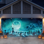 Graveyard banner on a garage door at night with ground fog
