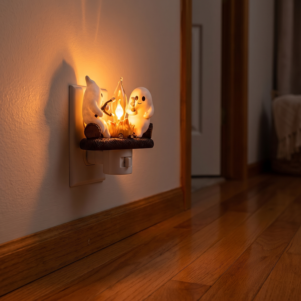 Ghost night light glowing in a dark hallway
