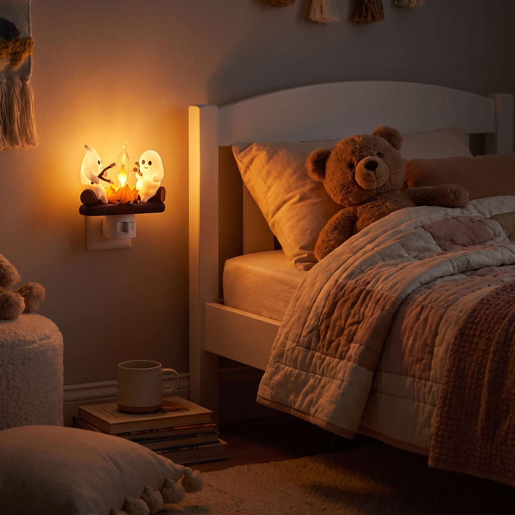 Ghost night light plugged in beside a child's bed