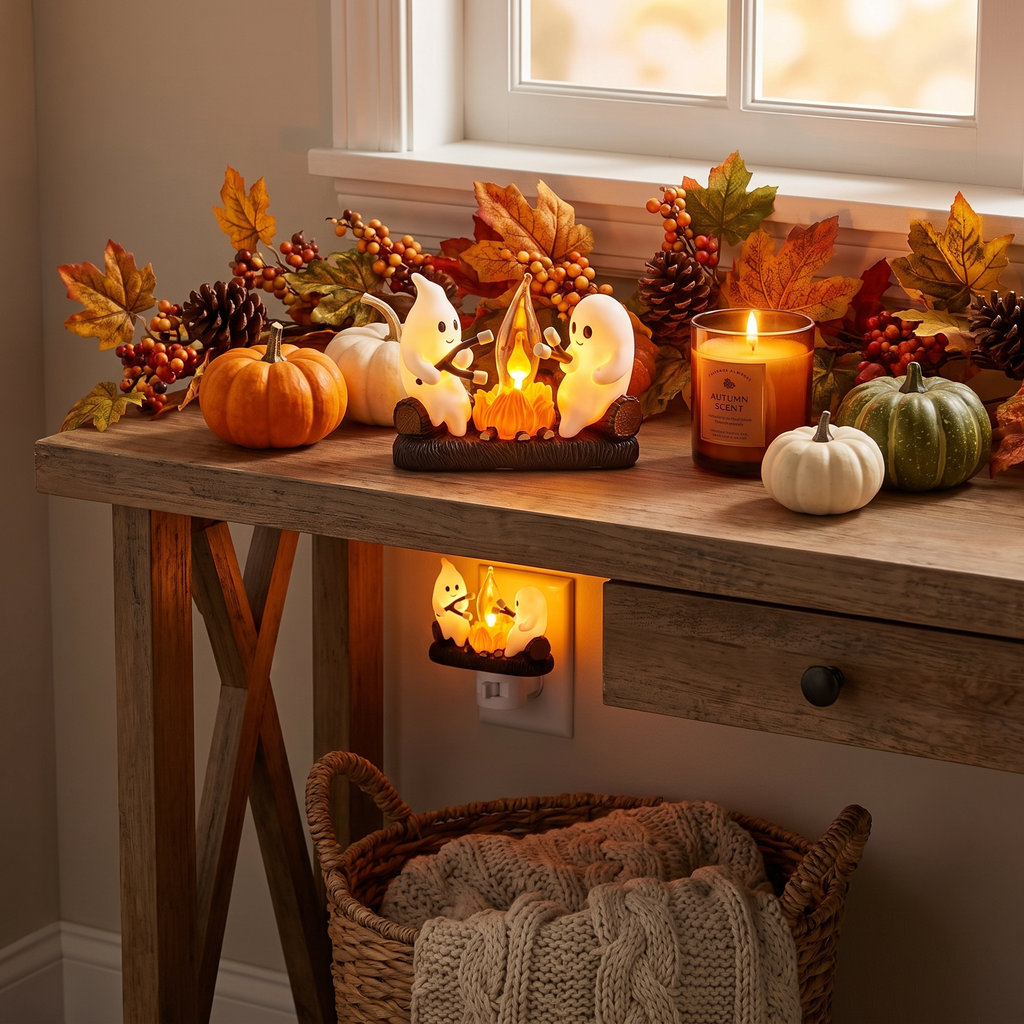 Ghost night light on a styled entryway table