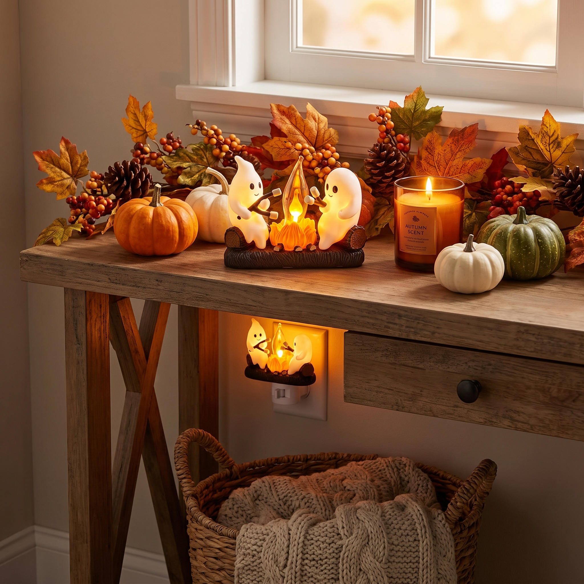 Ghost night light on a styled entryway table