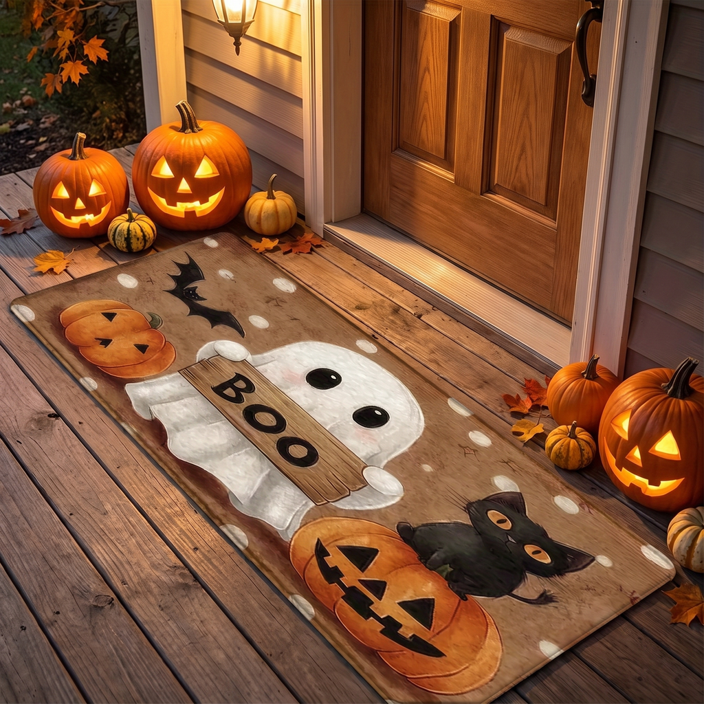 Ghost doormat in front of a decorated Halloween door