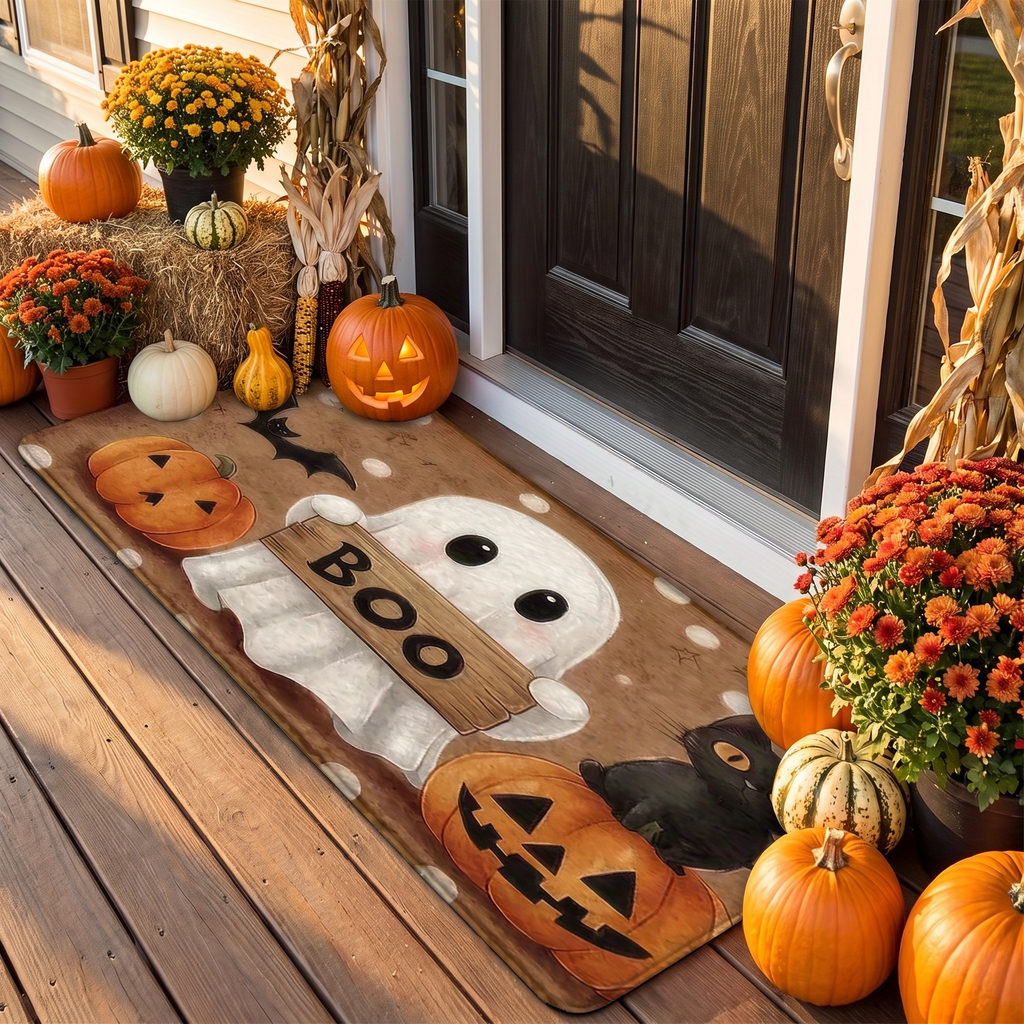 Ghost Halloween doormat at a front entrance with autumn decor