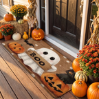 Ghost Halloween doormat at a front entrance with autumn decor