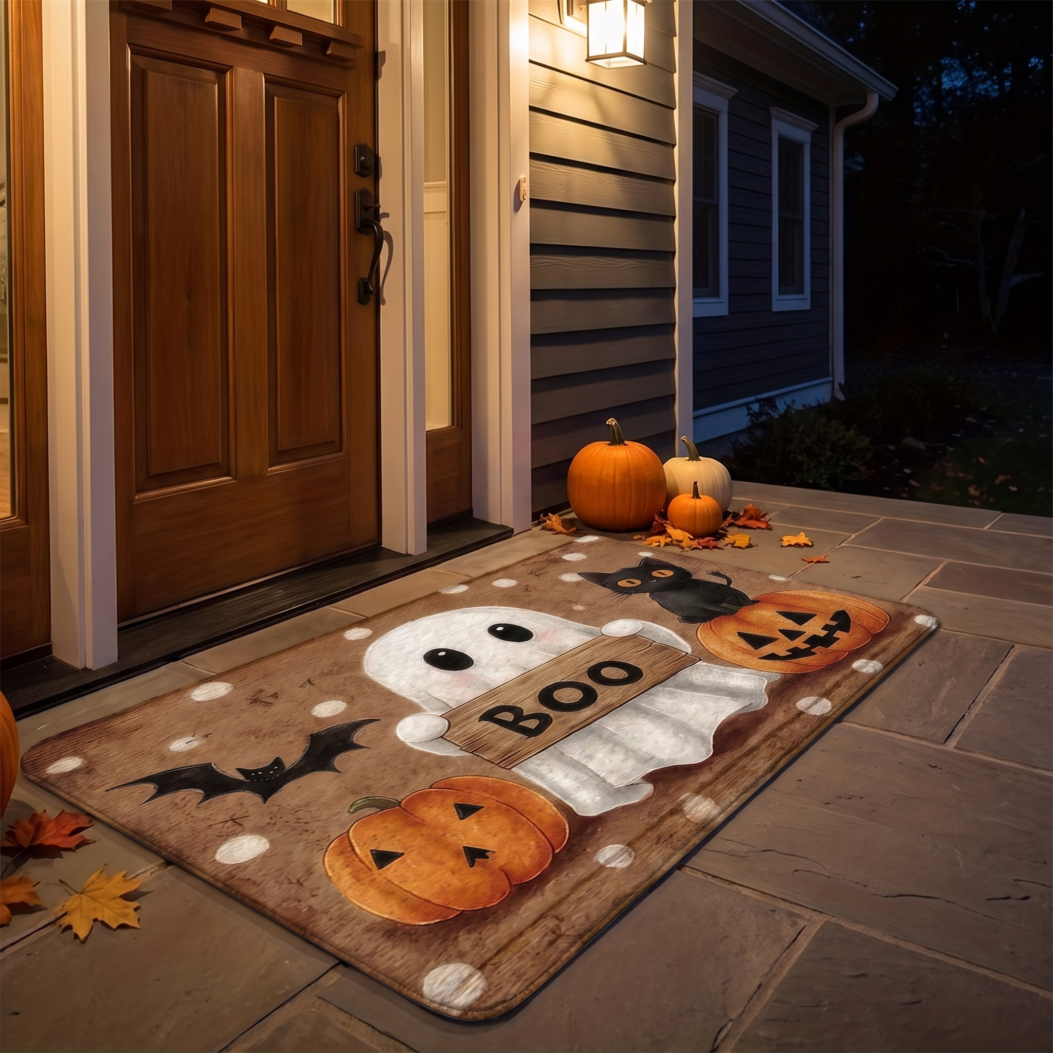 Ghost doormat by a front door at night under a warm porch light