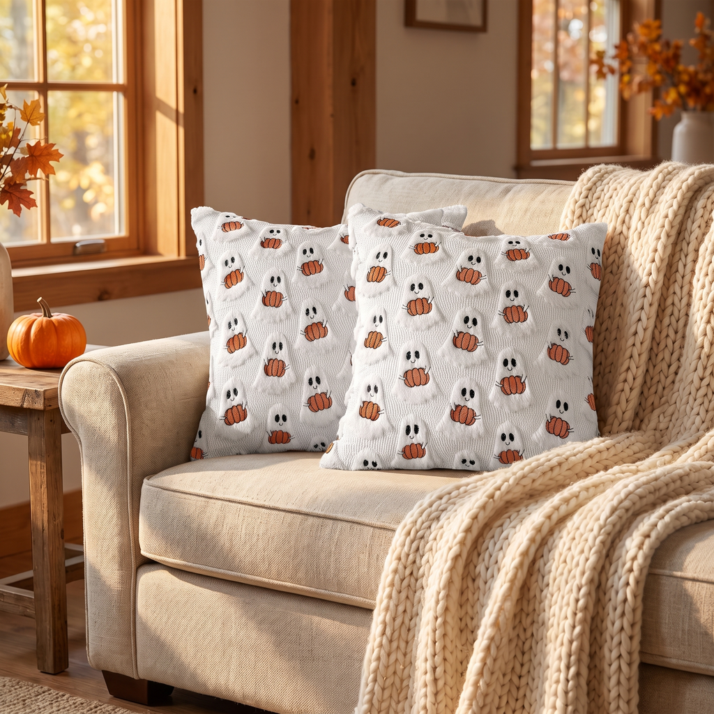 Ghost and pumpkin pillows styled on a sofa