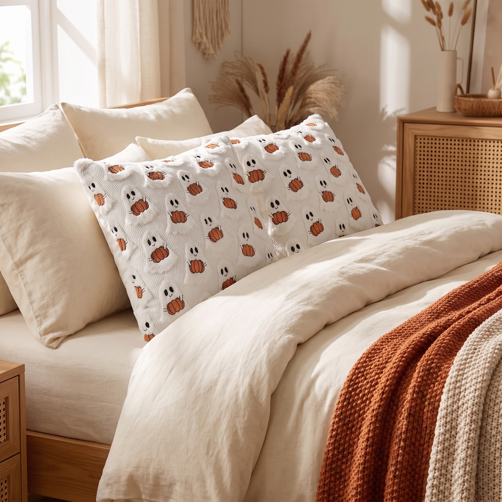 Ghost and pumpkin pillows propped on a cozy bed