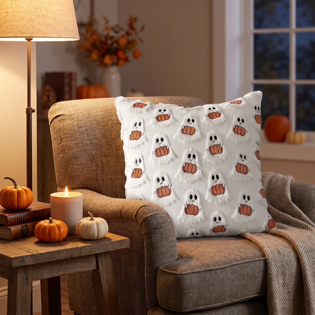 Ghost and pumpkin pillow on a cozy reading armchair