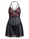 Gothic rose lace nightgown in black with red rose lace, front view