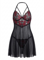 Gothic rose lace nightgown in black with red rose lace, front view