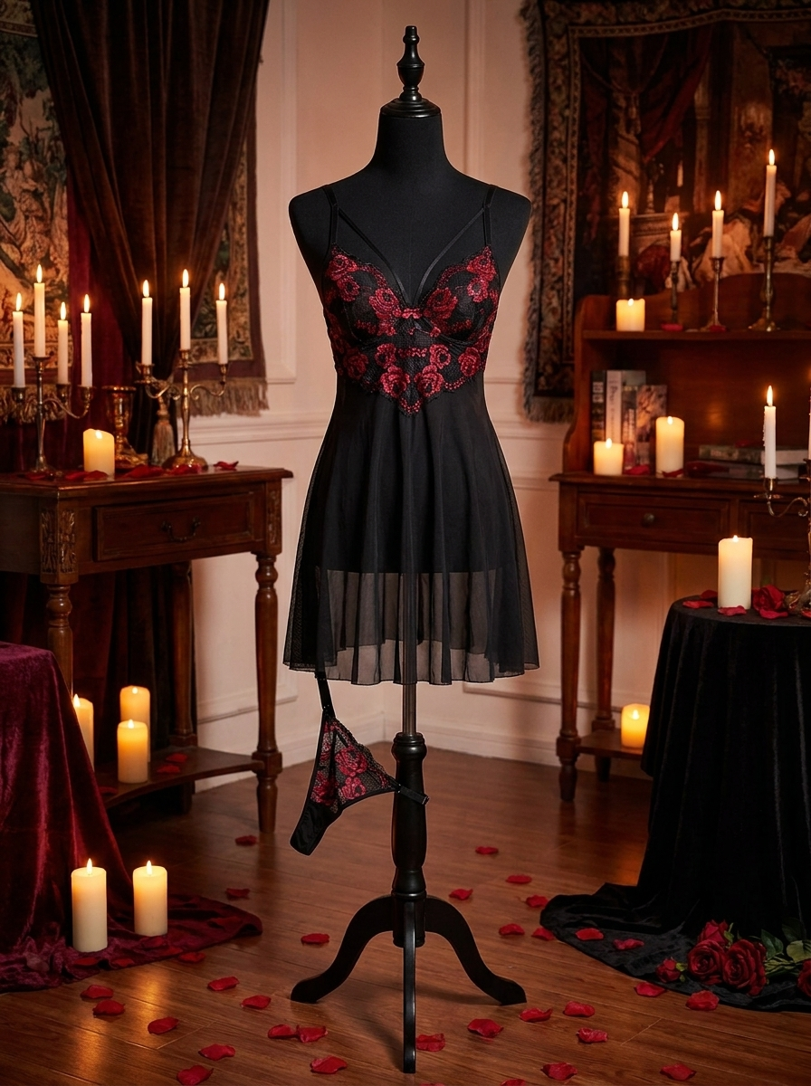 Black gothic rose lace nightgown on a dress form showing the halter neckline and deep V back