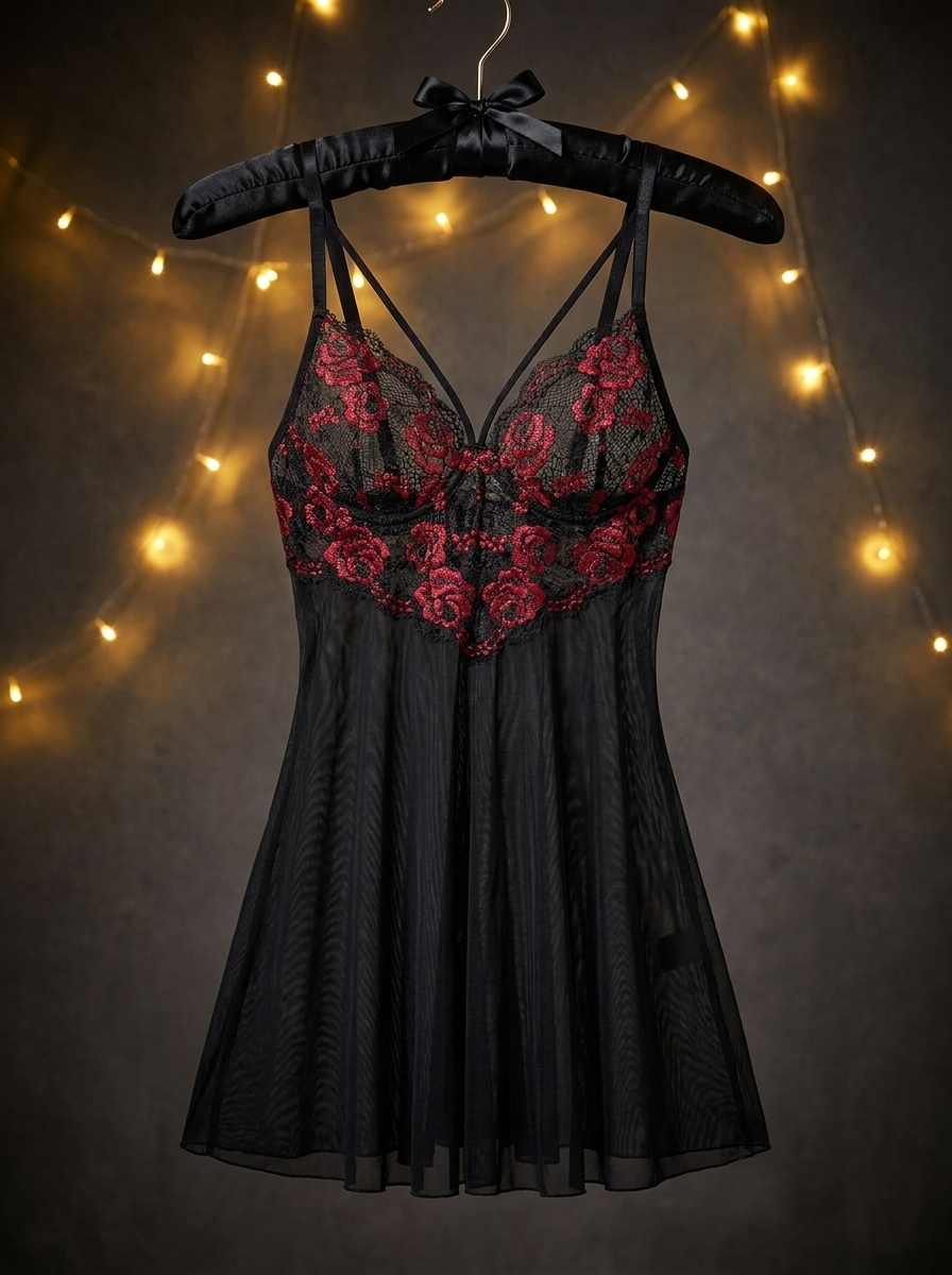 Black and red gothic lace nightgown hanging on a hanger, full length view