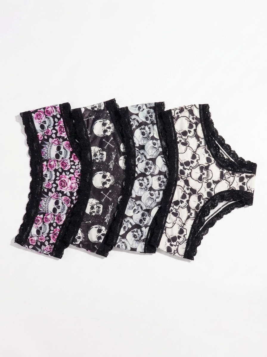 Gothic skull lace panties 4 pack on a white background