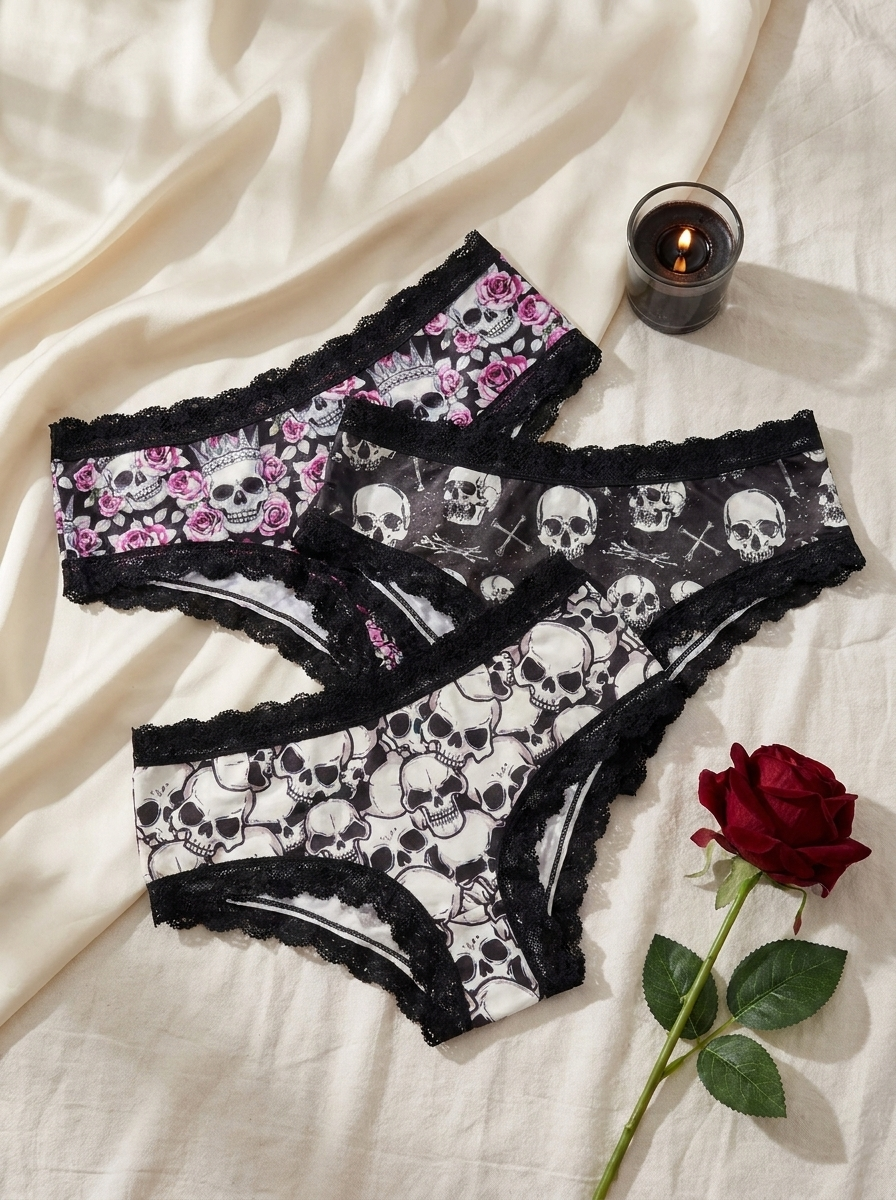 Gothic skull lace panties fanned out in a flat lay
