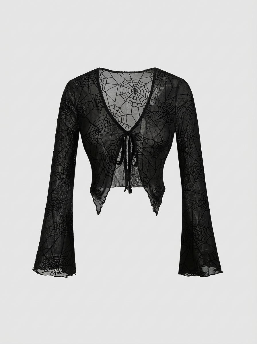 Gothic spider web V neck top on a white background