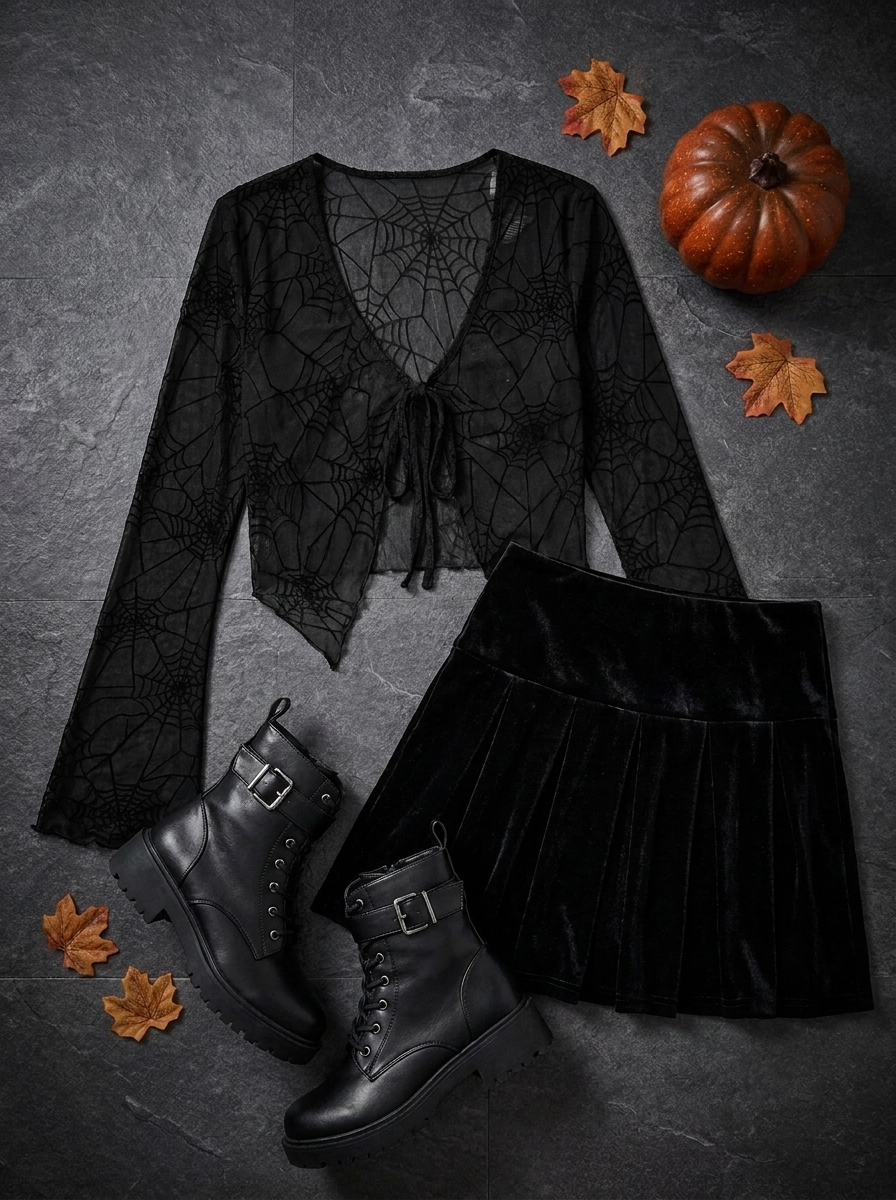 Gothic spider web V neck top styled flat lay