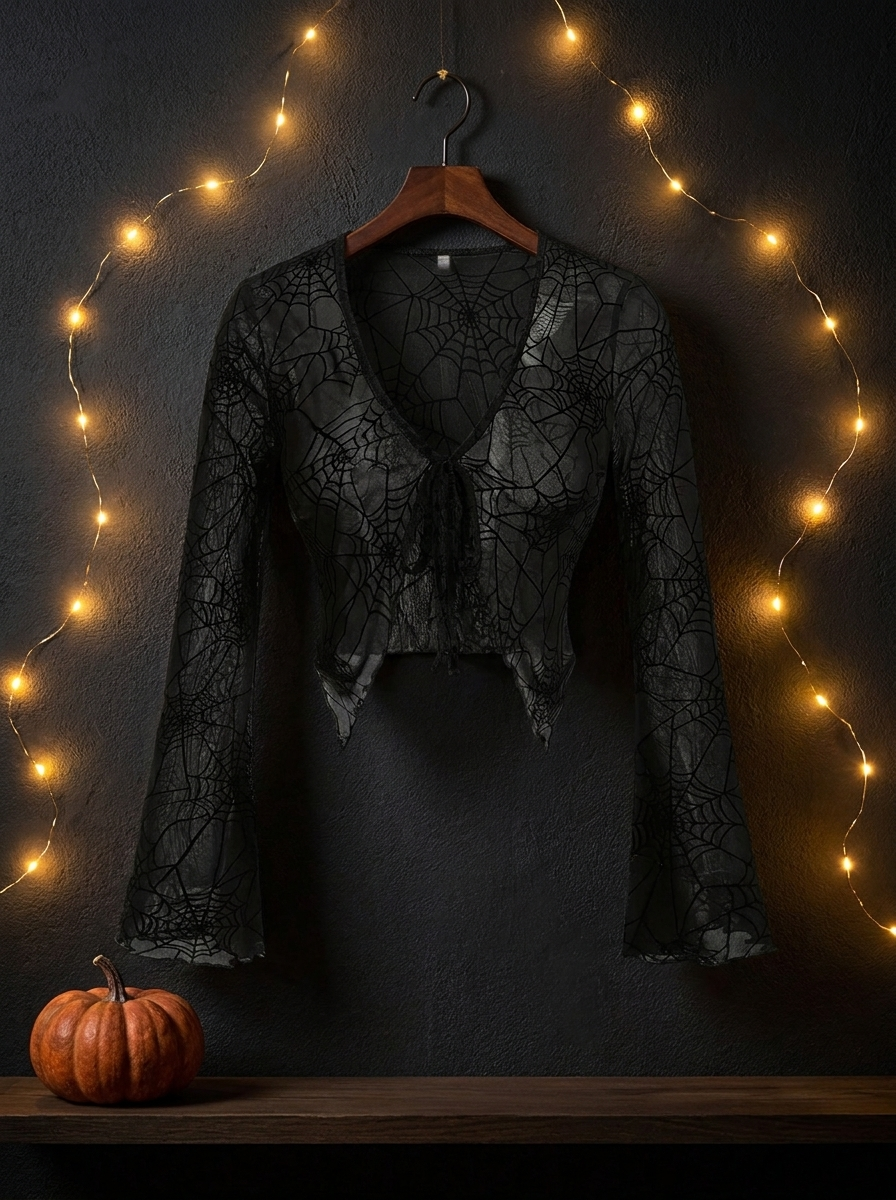 Gothic spider web V neck top on a hanger