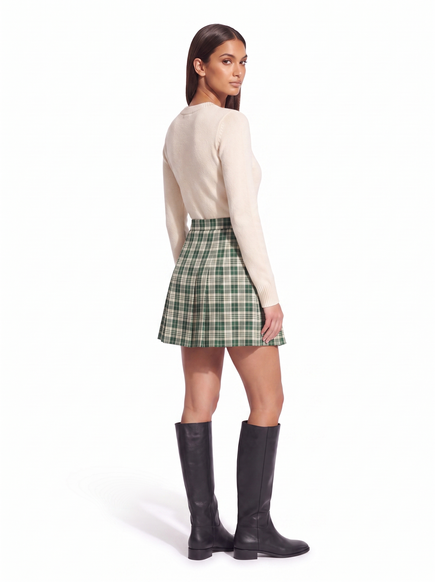 Pleated mini skirt A line flare, three quarter view