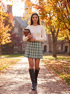 Green check mini skirt worn outdoors, lifestyle view