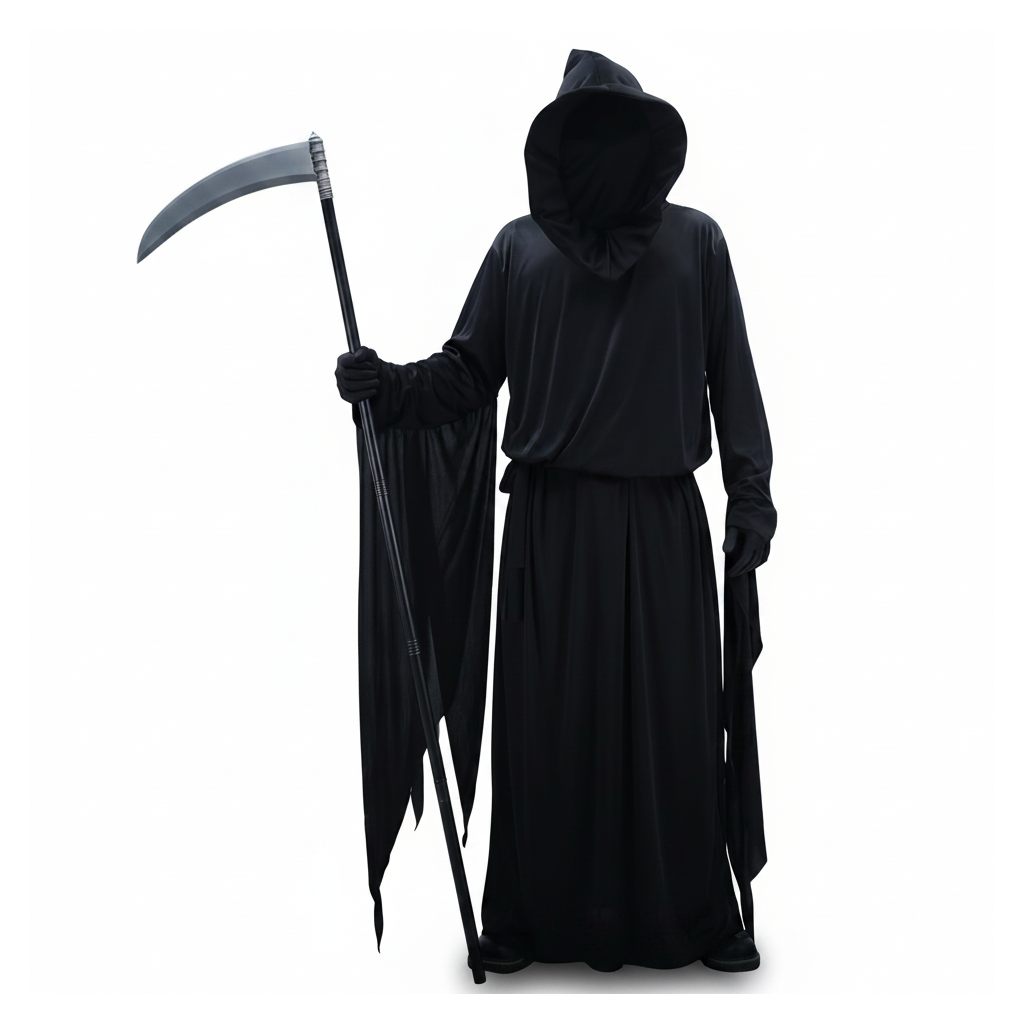 Grim Reaper costume robe with scythe on a white background