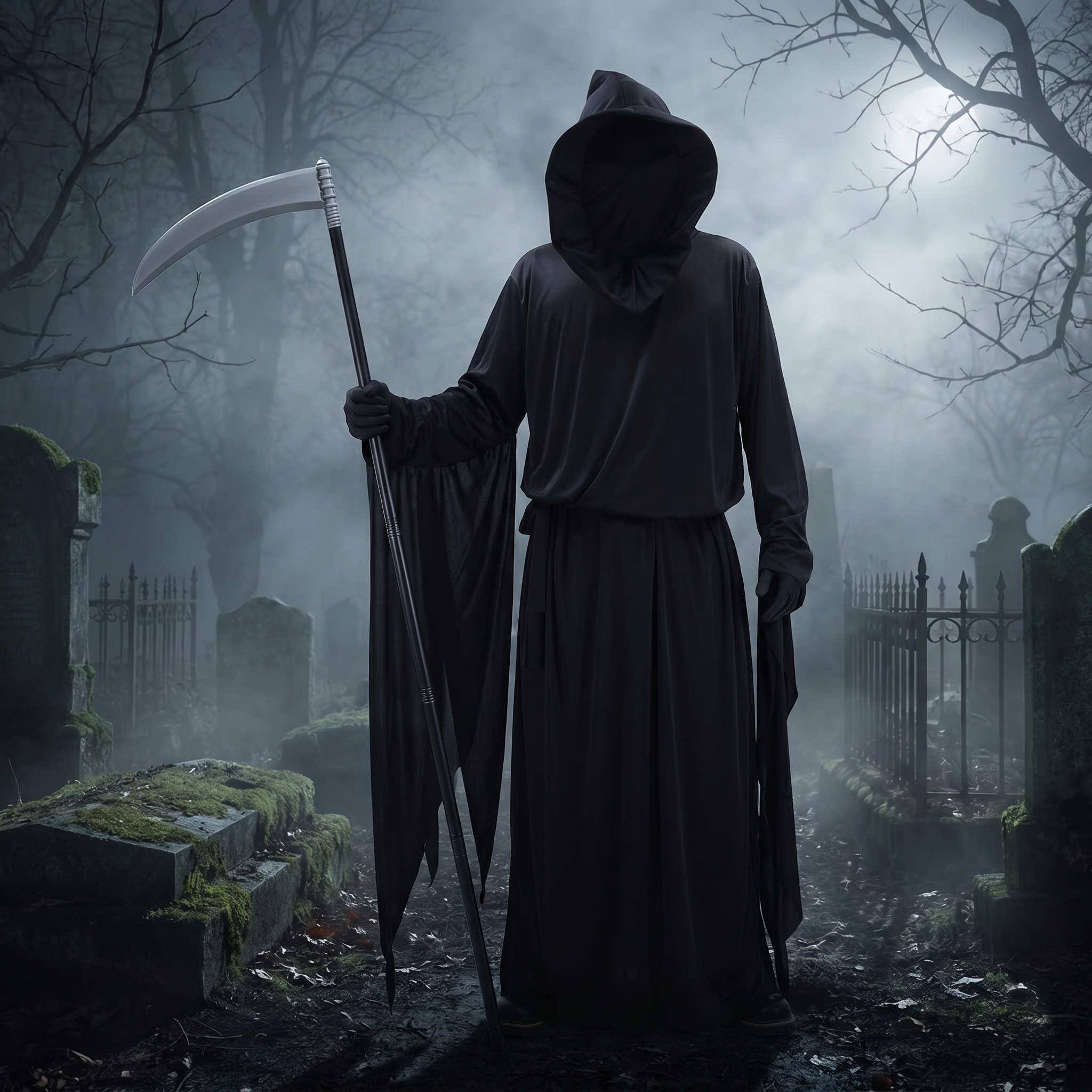 Grim Reaper black hooded robe with scythe in a foggy graveyard