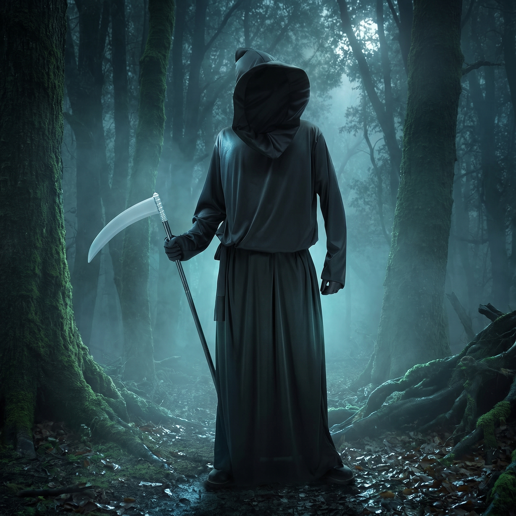 Grim Reaper robe worn by a figure in a misty forest at night