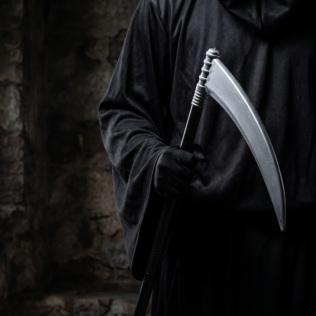 Close up of the black hooded Grim Reaper robe and scythe