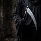 Close up of the black hooded Grim Reaper robe and scythe