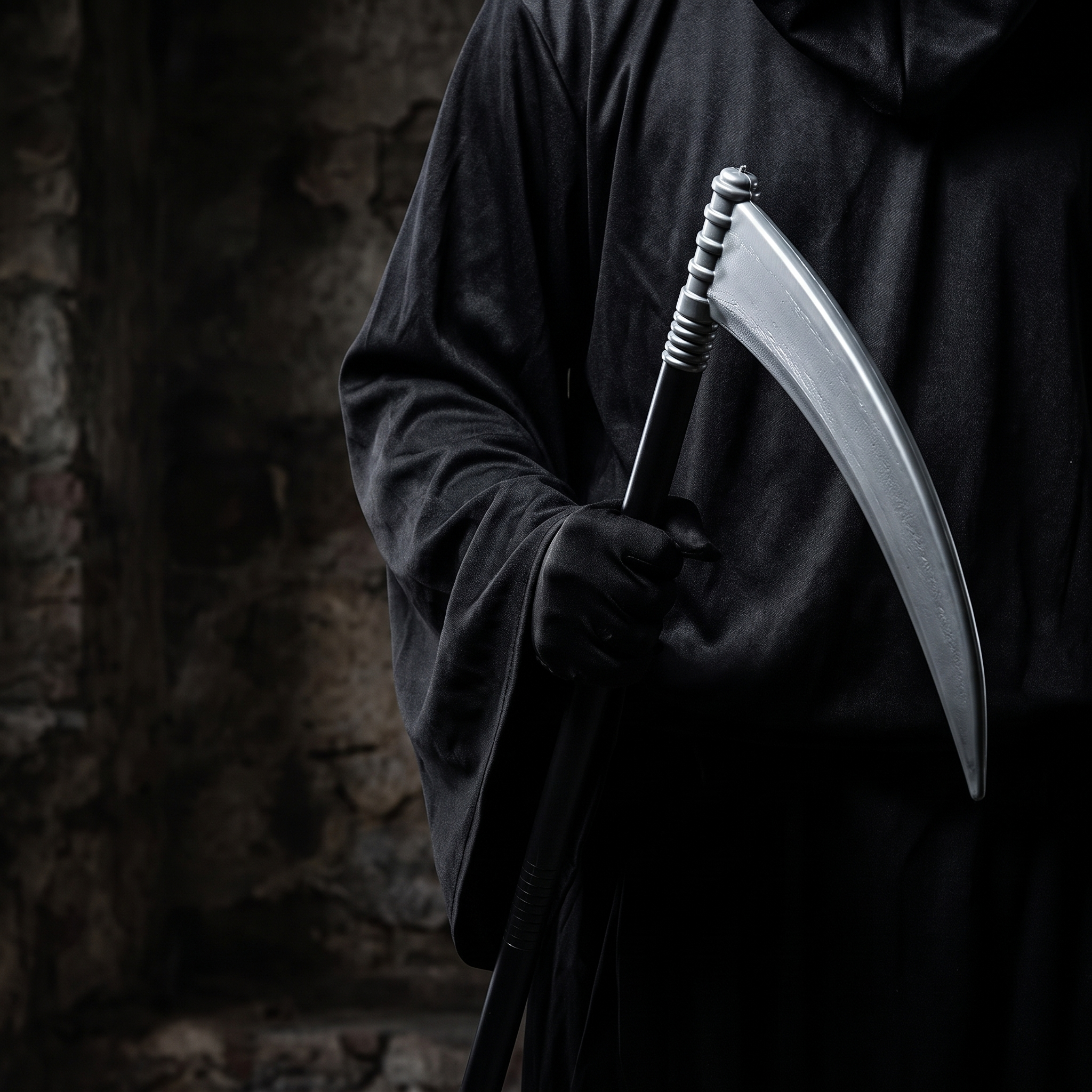 Close up of the black hooded Grim Reaper robe and scythe