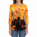 Halloween black cat and bats sunset print 3/4 sleeve top