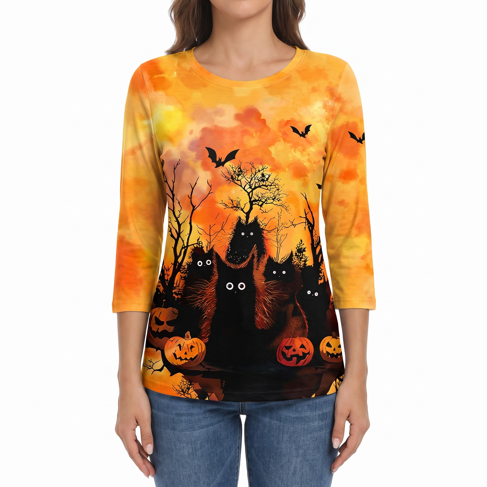 Halloween black cat and bats sunset print 3/4 sleeve top