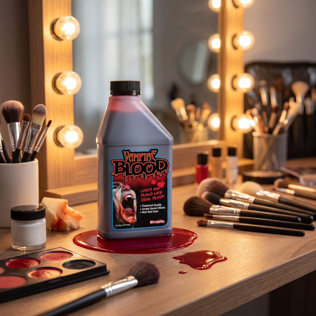Fake blood bottle on an SFX makeup vanity with brushes and mirror