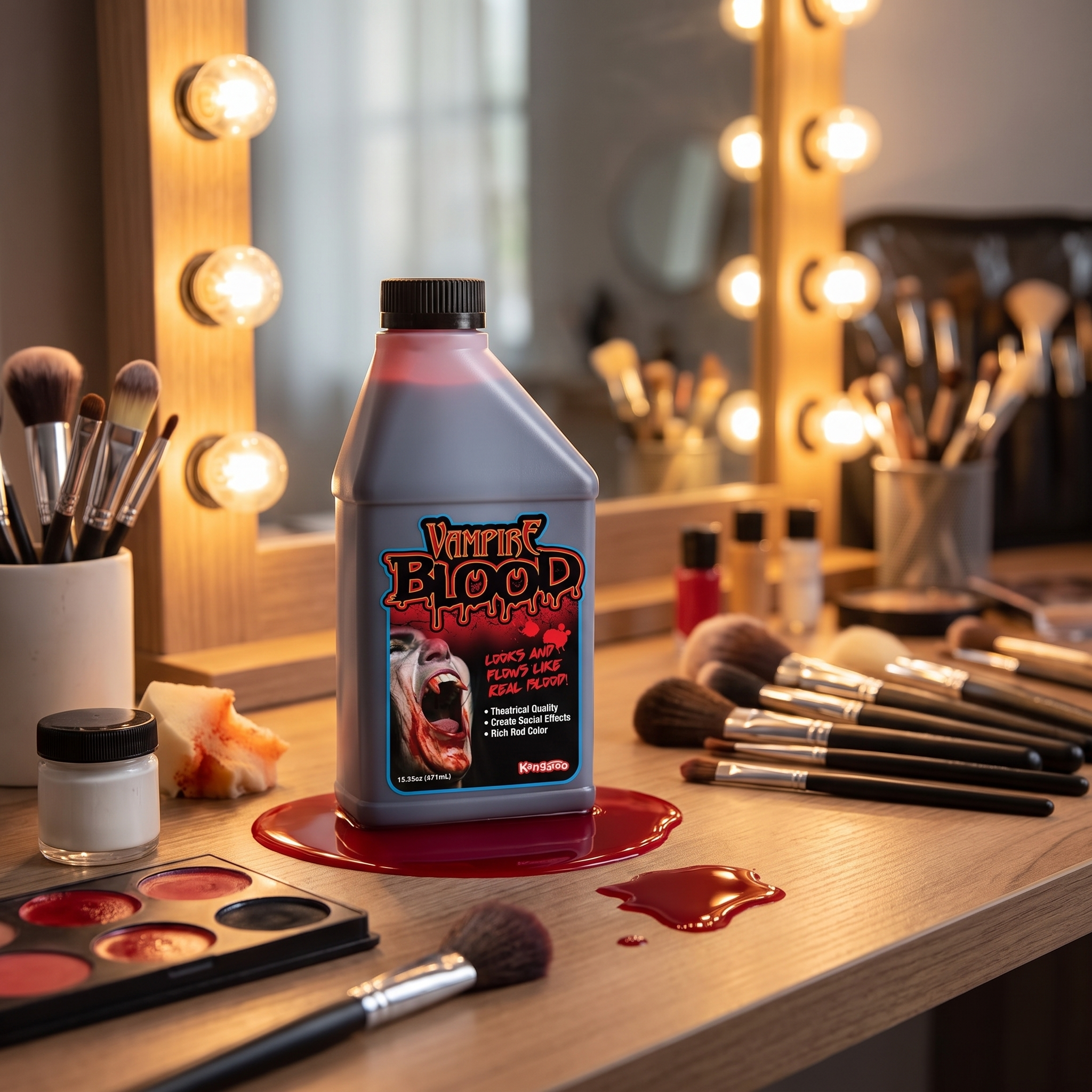 Fake blood bottle on an SFX makeup vanity with brushes and mirror