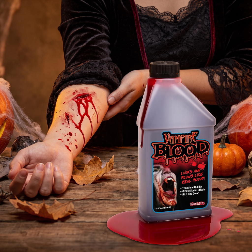 Fake blood bottle beside an arm showing applied wound effects