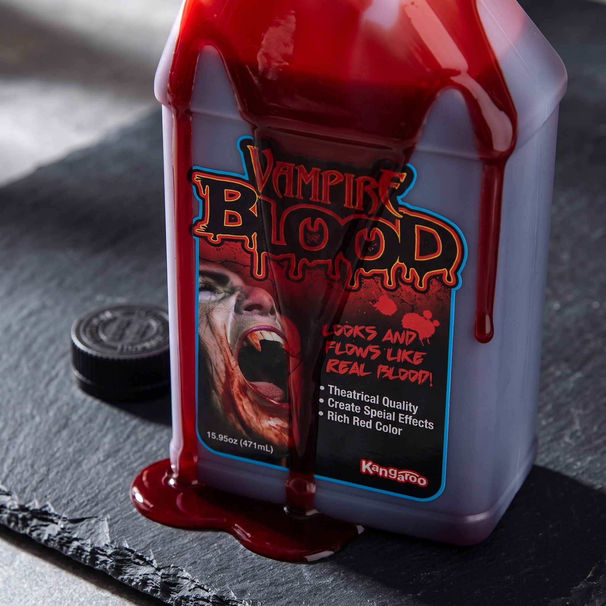 Close up of fake blood dripping down the bottle label