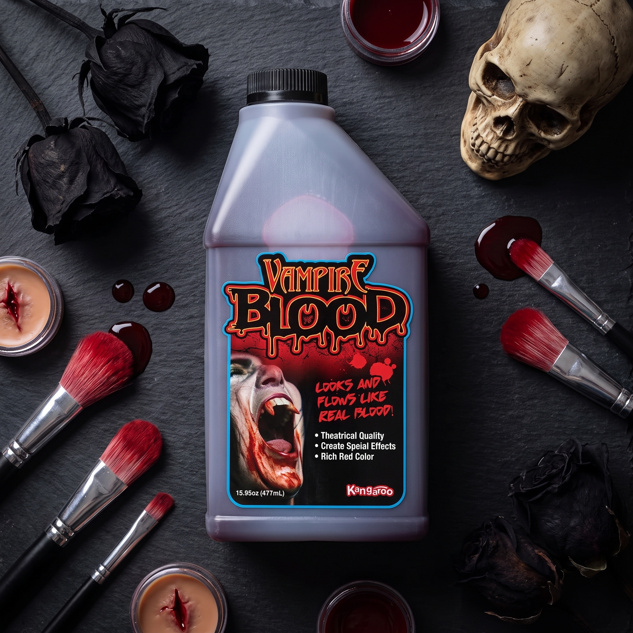 Fake blood in an SFX makeup flat lay with brushes and a skull