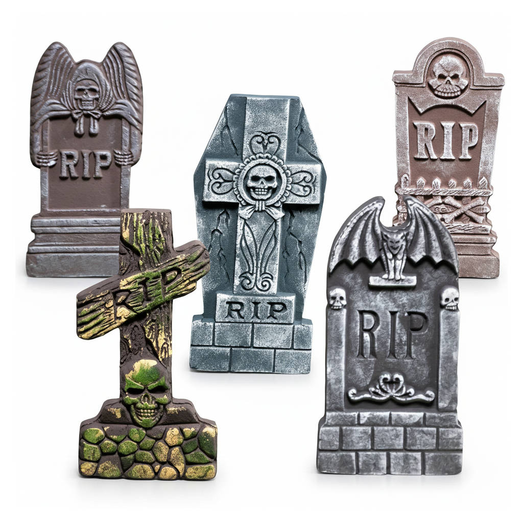 Halloween foam RIP tombstone 5-pack on a white background